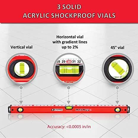 24 inch box level with three durable acrylic vials, precise 1/16 inch ruler, wall grip, and hand calibrated straightedge