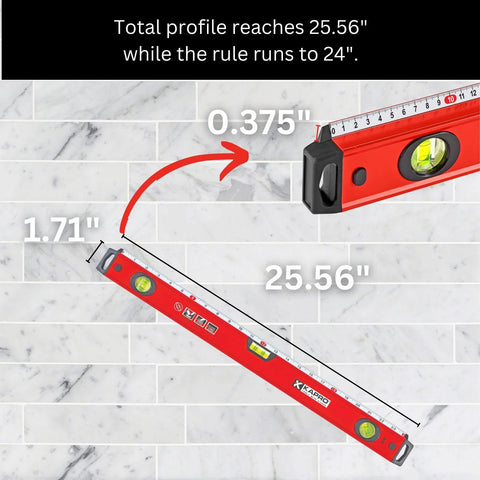 Top view of a 24 inch box level with three durable acrylic vials, precise 1/16 inch ruler, wall grip, and hand calibrated straightedge.