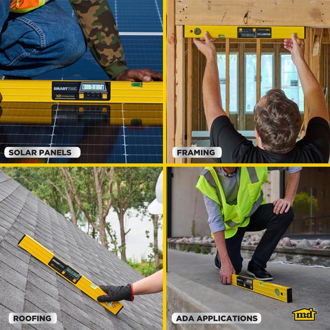 24 Inch Digital Level With LCD Readout And Audible Alerts For Precise Alignment In Construction Carpentry And DIY Projects, shown in various applications like roofing and framing.