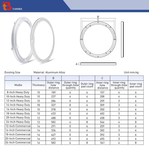 Heavy Duty 24 Inch Lazy Susan Bearing With Silent Smooth Rotation dimensions chart, aluminum base, DIY project compatibility.