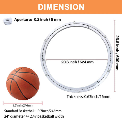 Heavy Duty 24 Inch Lazy Susan Bearing With Silent Smooth Rotation dimensions with basketball reference, 600 mm diameter, 16 mm thick.