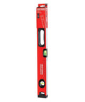 24 inch box beam level with magnetic rear edge for hands free setup on metal surfaces, three vials, rugged end caps