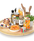 Extra Large 24 Inch Lazy Susan Turntable with solid oak wood and iron frame, showcasing breakfast items on a rustic rotating tray.