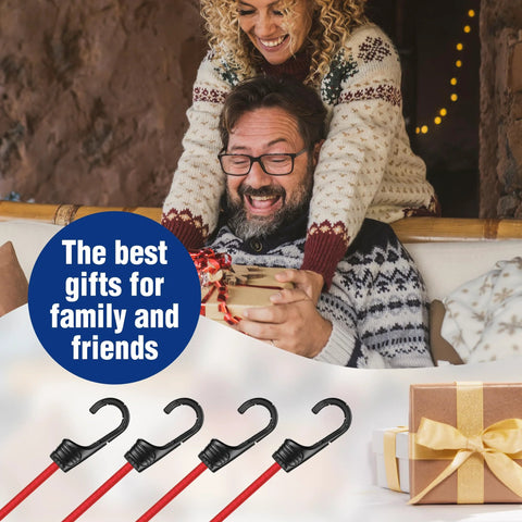 24 Inch Bungee Cords With Hooks Pack Of 4 shown as a gift idea in a cozy holiday setting, featuring red straps and black hooks.