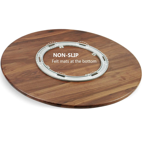 Bottom view of 24 Inch Black Walnut Wood Lazy Susan Round Turntable with non-slip felt mats and smooth ball bearing spin for dining decor.