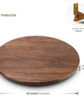 24 Inch Black Walnut Wood Lazy Susan Round Turntable for tabletop and countertop use, solid wooden rotating tray centerpiece, size specifications shown.