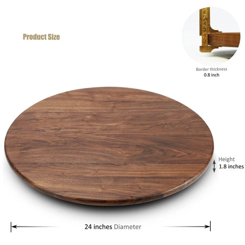 24 Inch Black Walnut Wood Lazy Susan Round Turntable for tabletop and countertop use, solid wooden rotating tray centerpiece, size specifications shown.