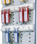 Space Saving 24 Key Wall Mount Rack in gray plastic with assorted key clip tags for clear labeling and easy access