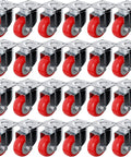 24 pack 2 inch swivel plate caster wheels with red polyurethane, no brake casters designed for furniture and carts in neat arrangement.