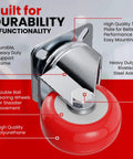 Close-up of 24 pack 2 inch swivel plate caster wheels with red polyurethane, no brake casters designed for furniture and carts.