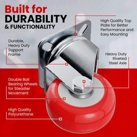 Close-up of 24 pack 2 inch swivel plate caster wheels with red polyurethane, no brake casters designed for furniture and carts.