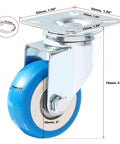 24 pack caster swivel plate with blue polyurethane wheels, 2 inch swivel casters with no brake, side view showing dimensions.