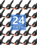 24 Pack 3.5 Inch Plastic Spring Clamps Black Heavy Duty Clips Backdrop Clips arranged in a grid with orange tips