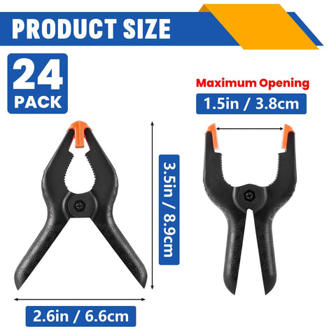24 Pack 3.5 Inch Plastic Spring Clamps Black Heavy Duty Clips Backdrop Clamps for Crafts and Photography with Maximum Opening