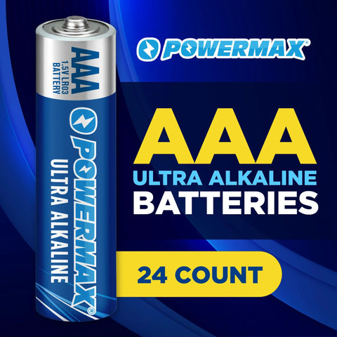 24 Pack AAA Alkaline Batteries Ultra Long Lasting For Home And Office Use, Powermax branding with blue background