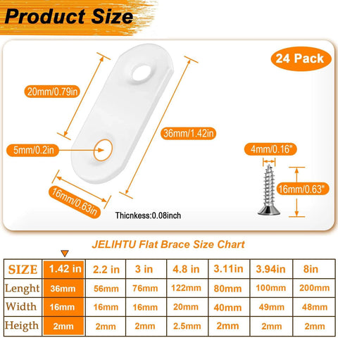 24 Pack 1.42” x 0.63” Flat Bracket Straight Brace - Stainless Steel Heavy Duty Mending Plate for Wood Furniture, DIY Repair