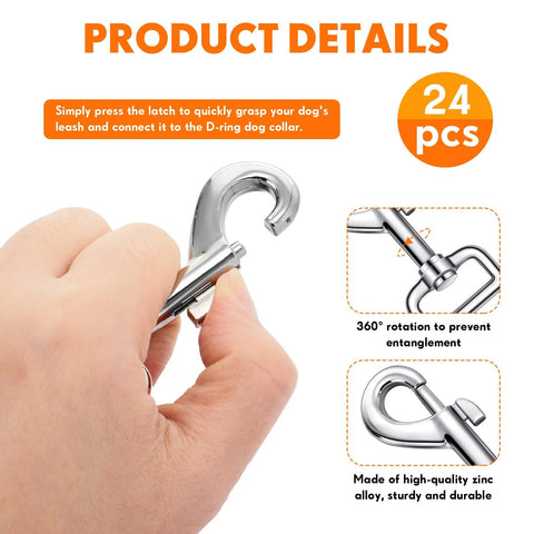 Close-up of a hand holding a 24 Pack Swivel Snap Hooks For Dog Leashes Heavy Duty 2.76 Inch showing zinc alloy material and clasp detail.