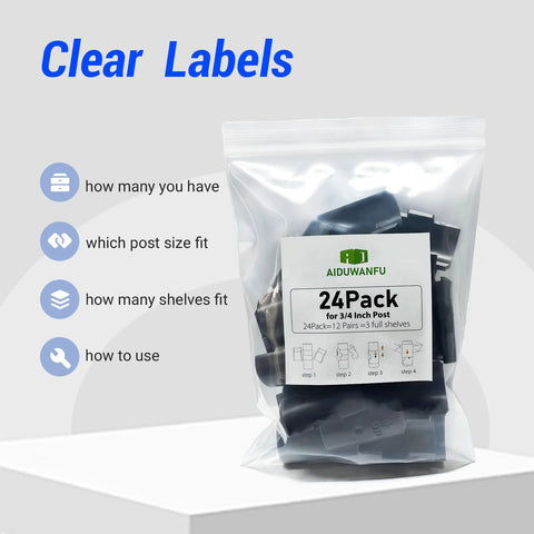 24 Pack Three Quarter Inch Wire Shelf Clips With Secure Locking Metal Design in clear labeled packaging