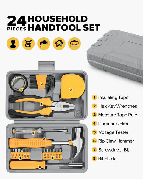 24 Piece Home DIY Tool Kit With Storage Case featuring essential hand tools for household office and garage use.