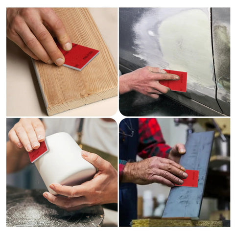 Collage of hands using 24 Piece Sanding Sponge Set 3x4 Inch With Grit Range 120 To 3000 Hook And Loop on wood, metal, and ceramic surfaces.