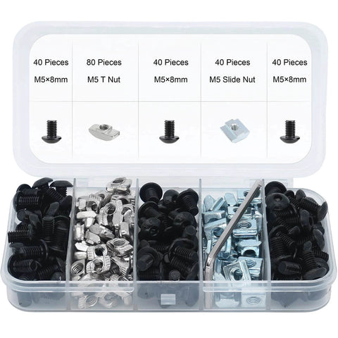 240 pcs M5 T nut and screw kit for 2020 aluminum extrusion systems, M5 hardware set designed for 6mm T slot profiles with screws and wrench included.