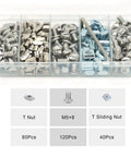 240 Pcs M5 T Nut and Screw Kit for 2020 Aluminum Extrusion showing various nuts and screws in storage container.