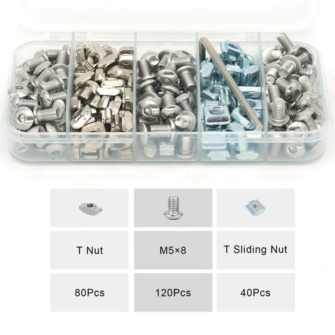 240 Pcs M5 T Nut and Screw Kit for 2020 Aluminum Extrusion showing various nuts and screws in storage container.