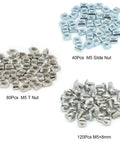 240 Pcs M5 T Nut and Screw Kit for 2020 Aluminum Extrusion showing M5 T Nuts, Slide Nuts, and screws.