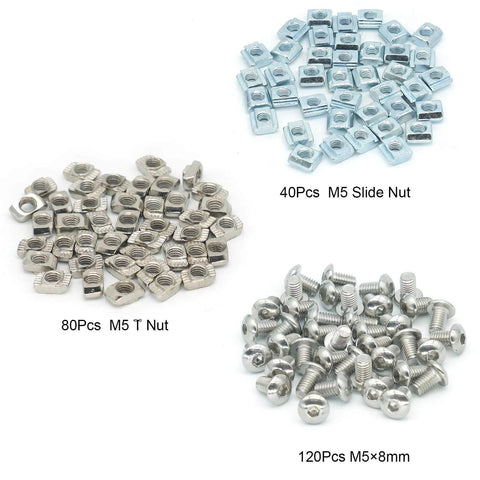 240 Pcs M5 T Nut and Screw Kit for 2020 Aluminum Extrusion showing M5 T Nuts, Slide Nuts, and screws.
