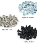 240 pcs M5 T nut and screw kit for 2020 aluminum extrusion systems, including 40 M5 slide nuts and 120 M5 screws.