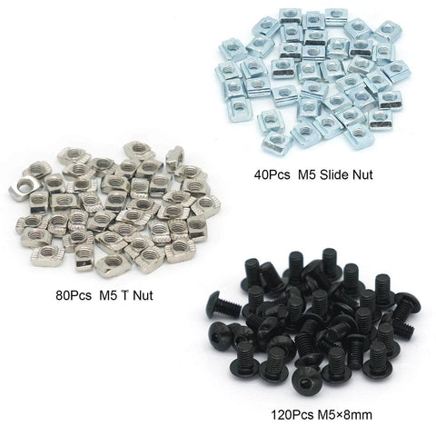 240 pcs M5 T nut and screw kit for 2020 aluminum extrusion systems, including 40 M5 slide nuts and 120 M5 screws.