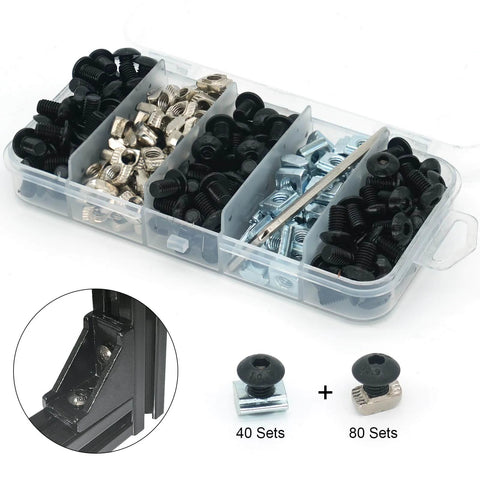 240 pcs M5 T nut and screw kit for 2020 aluminum extrusion systems, showing assorted nuts and screws in a clear organizer.