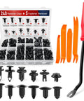 240 Piece Car Bumper Retainer Clips Kit With Plastic Rivets Fasteners For Toyota Honda Acura GM Ford Chrysler Door Trim Panel Clips Heavy Duty Auto Fastener Set Easy Removal Save Time And Money 2 Years Warranty displayed with orange removal tools and organized case