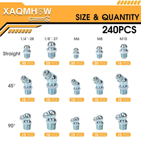 One-Stop 240-Piece Grease Fittings Set For SAE And Metric Zerk Nipples with various sizes and angles displayed