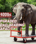 Elephant standing on a platform with caster wheels, highlighting 2400 lbs weight capacity, showcasing 5 Inch Heavy Duty Caster Wheels with Dual Lock Safety Brake