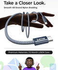 240W USB C to USB C cable 240W fast charging PD3.1 EPR 6.6ft 2 pack for iPhone 17 16 15 Pro Max, nylon braided detail view
