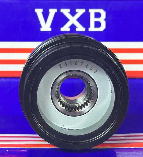Front view of 24107453 Alternator Freewheel Pulley w/Clutch showing inner gear and 5-groove design against branded background.