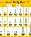 246Pcs Hex Bolts Fully Threaded Nuts Assortment Kit Stainless Steel 1 4 20 5 16 18 3 8 16 Flat And Lock Washers sizes chart