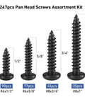 247 Piece Pan Head Wood Screws Set Black Oxide Stainless Steel 304 Self Tapping Phillips Drive For Wood And Sheet Metal sizes