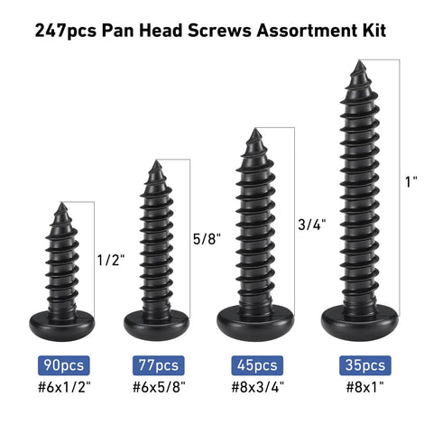247 Piece Pan Head Wood Screws Set Black Oxide Stainless Steel 304 Self Tapping Phillips Drive For Wood And Sheet Metal sizes