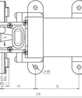 Technical diagram of 24 Volt DC High Pressure Diaphragm Pump 100 PSI 4.0 Liters Per Minute Self Priming Water Pump dimensions and design.