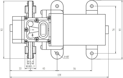 Technical diagram of 24 Volt DC High Pressure Diaphragm Pump 100 PSI 4.0 Liters Per Minute Self Priming Water Pump dimensions and design.