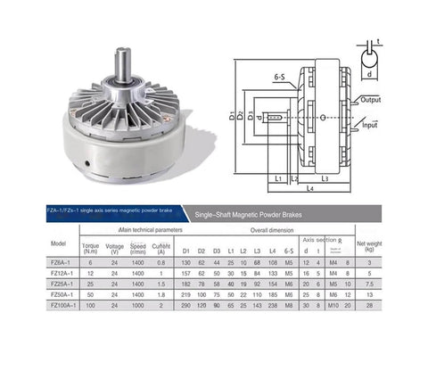 Technical diagram and image of Magnetic Particle Brake FZ25A-1 2.5 Kg 24V for industrial equipment with specifications chart.