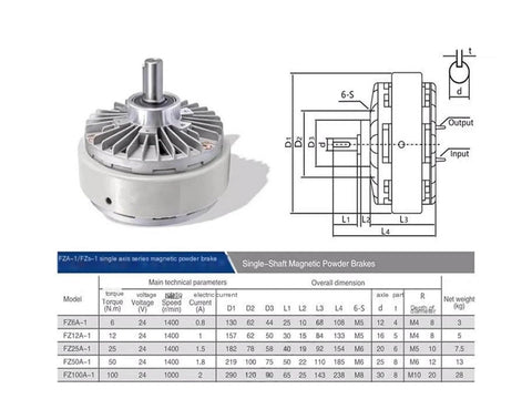 Magnetic Particle Brake FZ400A1 40Kg Single Axle 24V with technical diagram and specifications table.