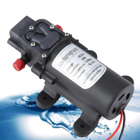 Workhorse Compact 24V Diaphragm Pump High Flow Five Liters Per Minute Self Priming Electric Water Pump with water splash.