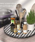 24 Inch Black and White French Look Kitchen Lazy Susan Turntable Round Checkered Decorative Tray with Solid Wood Base on counter