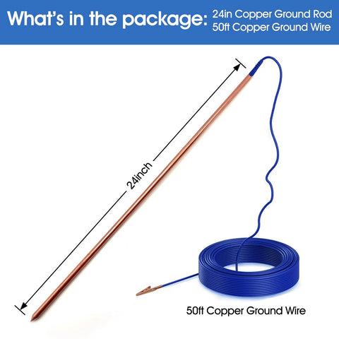 Ultimate 24 Inch Pure Copper Ground Rod Kit With 50 Foot Copper Wire And Alligator Clip For Electric Fences Grounding Solution
