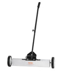 Effortless, heavy duty rolling magnetic sweeper with a 24 inch wide magnet and 50 lb pickup capacity, mounted on wheels, adjustable handle.