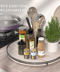 24 Inch Round Wooden Lazy Susan Turntable with spices and utensils on kitchen countertop