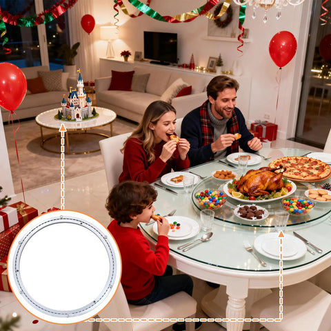 Family dining with Heavy Duty 24 Inch Lazy Susan Bearing With Silent Smooth Rotation for easy table access and home organization.